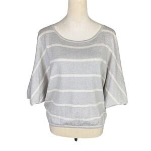 Beyond Vintage Gray Knit White Stripe Silver Sparkle Short Dolman Sleeve Sweater
